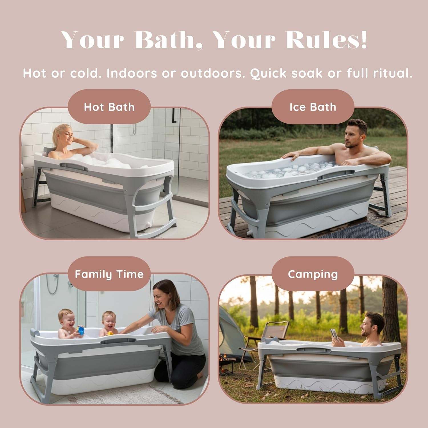Portable Bathtub for Adults, 56" Foldable Collapsible Soaking Bath/Ice Bath | Space-Saving, Ergonomic Comfort. Hot Bath or Ice Plunge. Easy Setup, Compact Storage, No Install, Fits Any Home or Outdoor