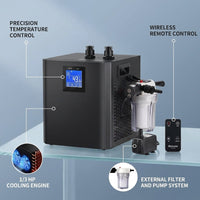 Ice Bath Water Chiller, 1/3HP Cold Plunge Chiller with External Filter, Filter Pad, and Pump, Remote Control Water Chiller, for Home and Professional Use — infographic