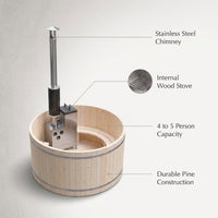 Wood Fired 4-Person to 5-Person 0-Jet Hot Tub and Ice Bath with Internal Stove Pine — infographic