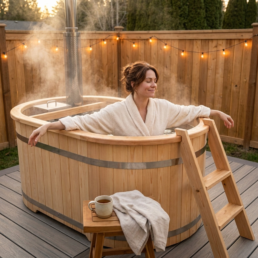 Wood Fired 4-Person to 5-Person 0-Jet Hot Tub and Ice Bath with Internal Stove Pine — Lifestyle