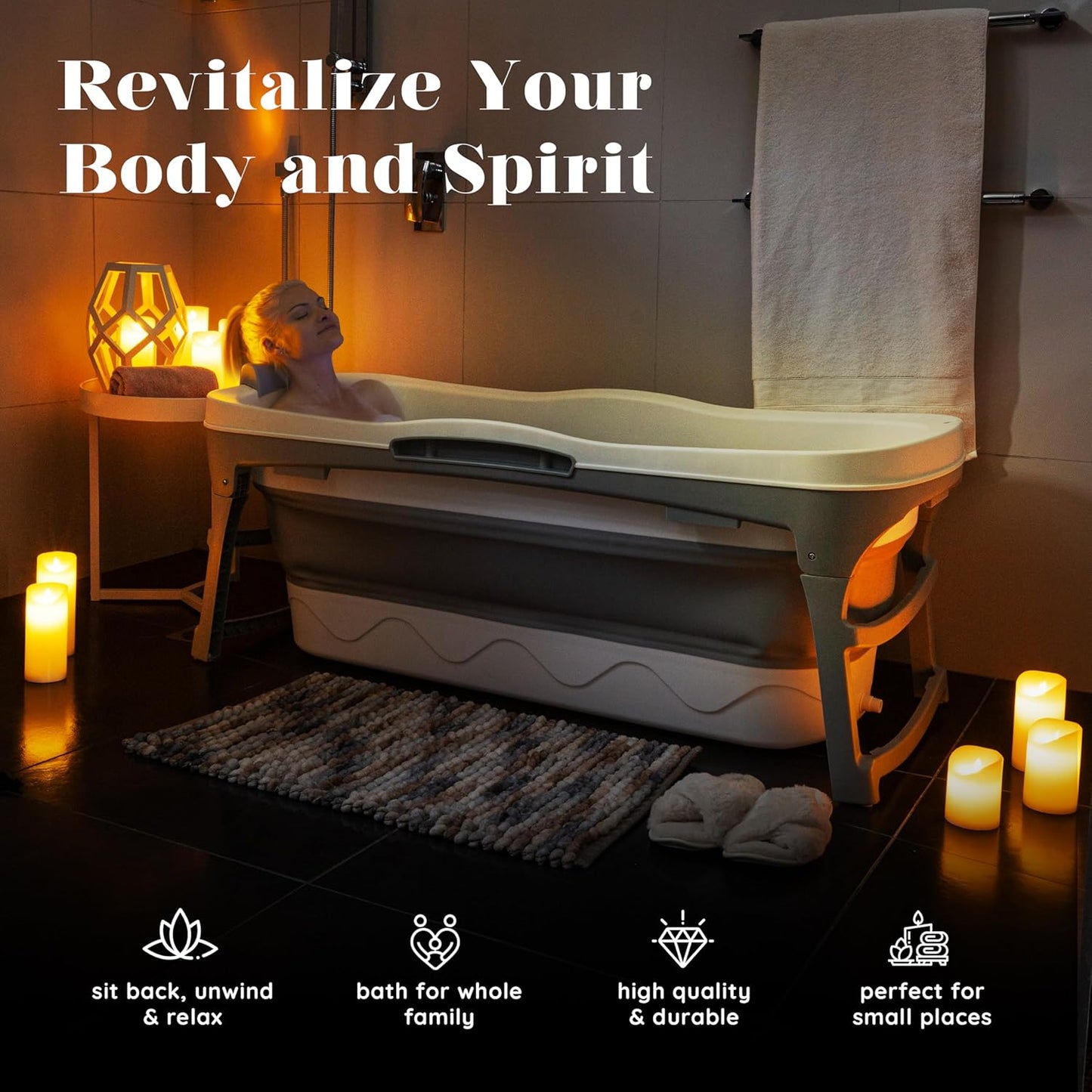 Portable Bathtub for Adults, 56" Foldable Collapsible Soaking Bath/Ice Bath | Space-Saving, Ergonomic Comfort. Hot Bath or Ice Plunge. Easy Setup, Compact Storage, No Install, Fits Any Home or Outdoor