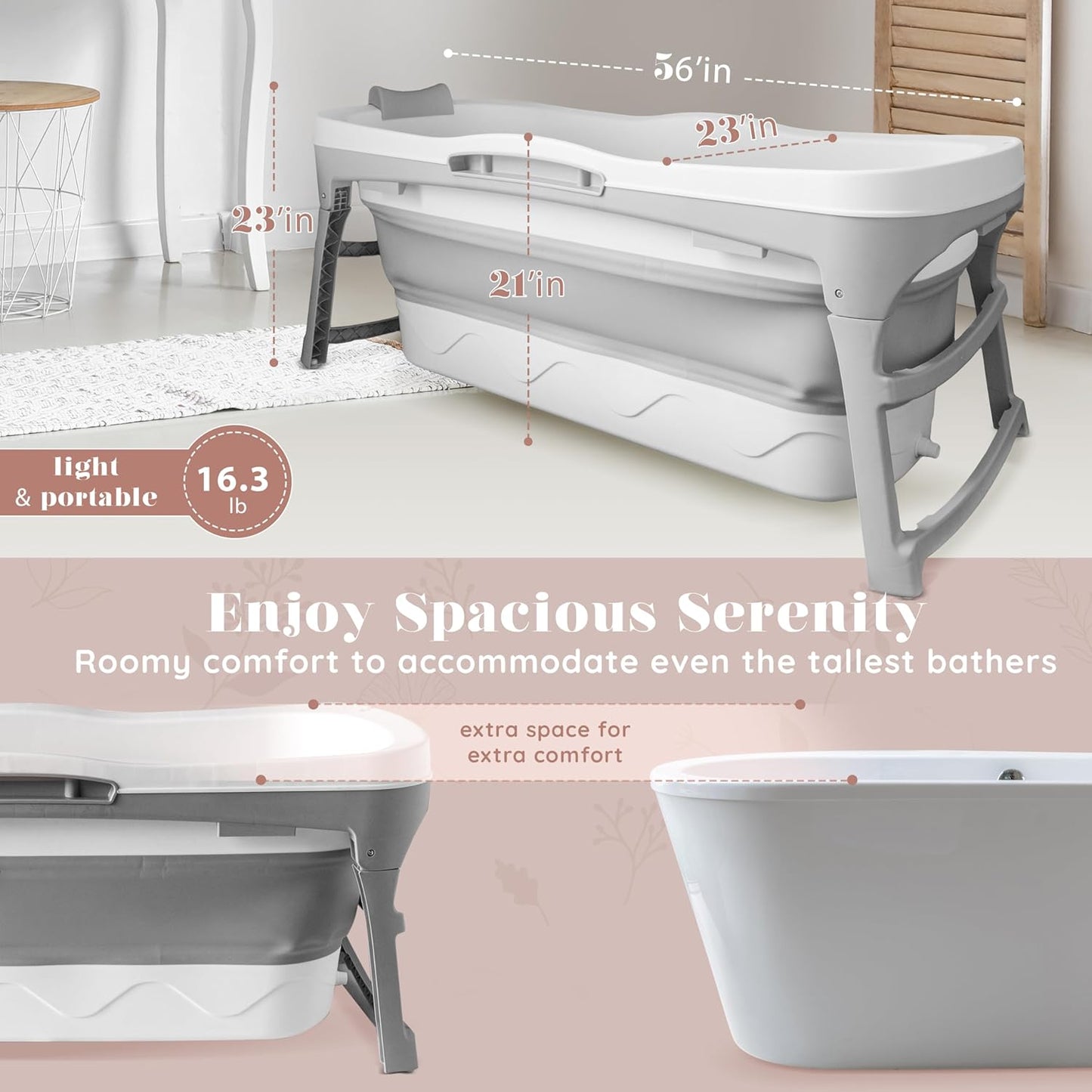 Portable Bathtub for Adults, 56" Foldable Collapsible Soaking Bath/Ice Bath | Space-Saving, Ergonomic Comfort. Hot Bath or Ice Plunge. Easy Setup, Compact Storage, No Install, Fits Any Home or Outdoor